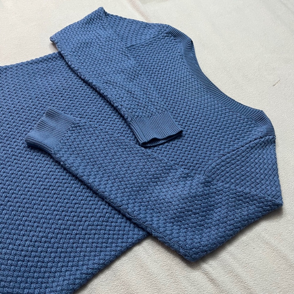 LL Bean Womens XL Blue Cotton Basketweave Knit Boatneck Sweater Minimalist